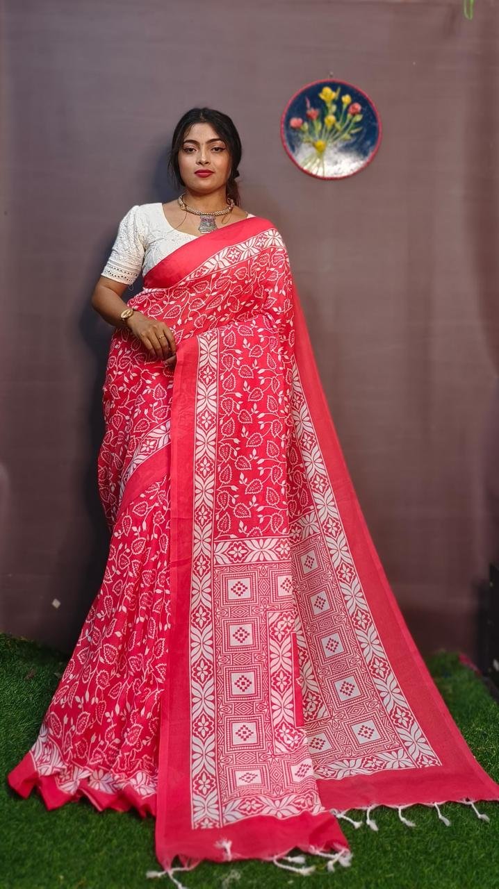 Rani Pink Block Print Saree - Image 12