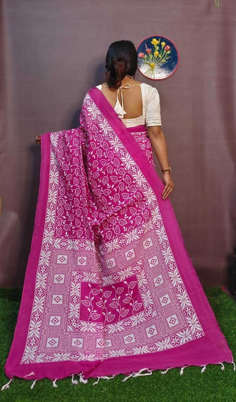 Rani Pink Block Print Saree - Image 2