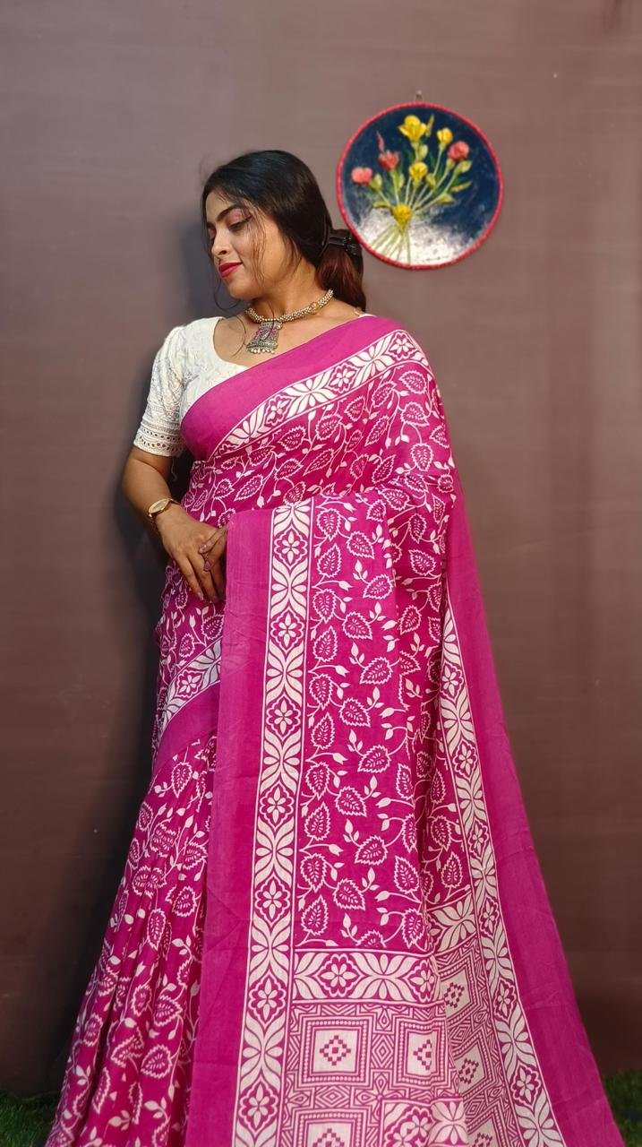 Rani Pink Block Print Saree - Image 3