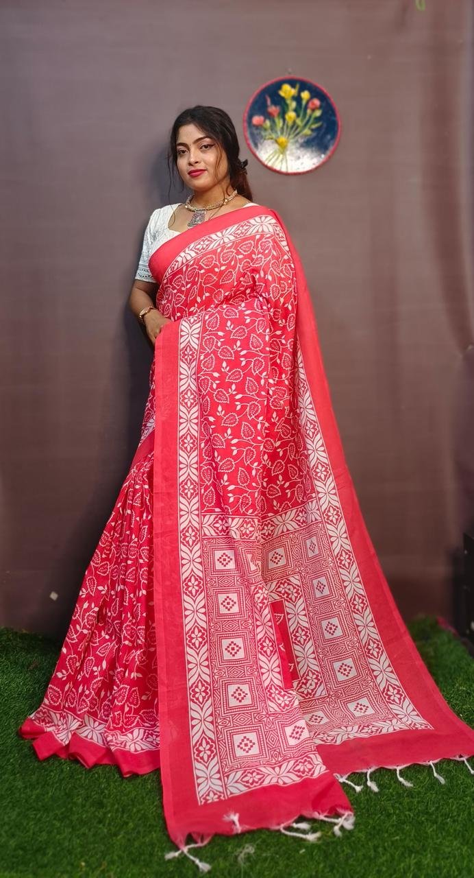 Rani Pink Block Print Saree - Image 4